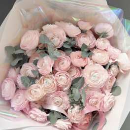 Bouquet of pale pink ranunculus with eucalyptus and pink ribbon