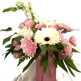Pink and white flowers arranged in a pink vase