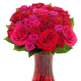 Arrangement of red and hot pink roses in a red glass vase