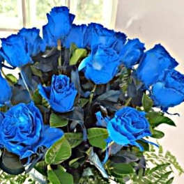 Bouquet of vivid blue roses with green foliage