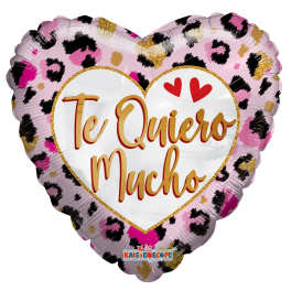 Heart-shaped balloon with leopard print and the words Te Quiero Mucho