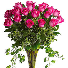 Pink roses arranged in a tall clear glass vase with trailing ivy