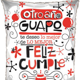Decorative pillow with Spanish text and red, black, and white graphics