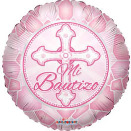 Pink round balloon with a cross and the words "Mi Bautizo"