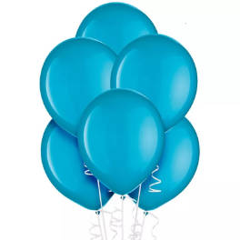 Cluster of bright blue balloons with white curling ribbons