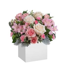 Pink and white rose bouquet in a white box