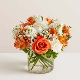 Orange and white flowers arranged in a clear glass vase