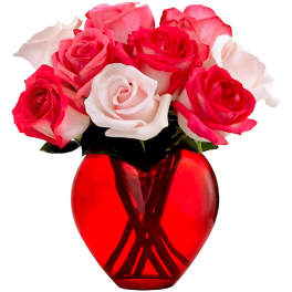 Pink and white roses in a red glass vase