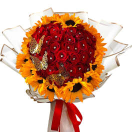 Bouquet of red roses and yellow sunflowers with a red ribbon