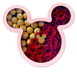 Mickey-shaped box filled with red roses and gold-wrapped chocolates