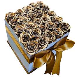 Box of gold-toned roses with a satin ribbon bow
