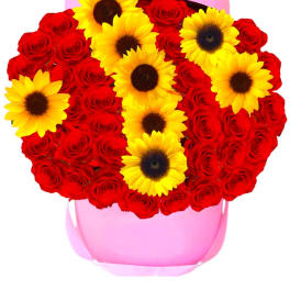 Red roses and yellow sunflowers arranged in a pink box