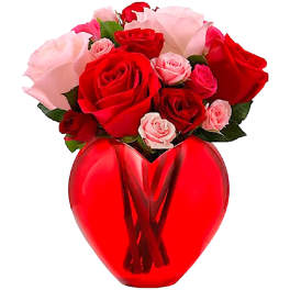 Red and pink roses arranged in a red heart-shaped vase