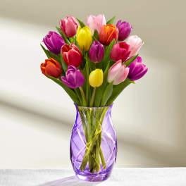 Colorful tulips arranged in a purple glass vase