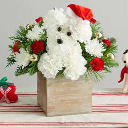 White floral dog arrangement in a wooden box with a Santa hat