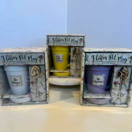 Three boxed flower pot mug gift sets with colorful mugs and matching saucers