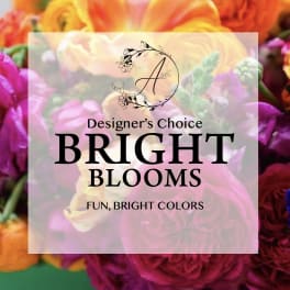 Bright mixed flowers with a text overlay reading Designer's Choice Bright Blooms