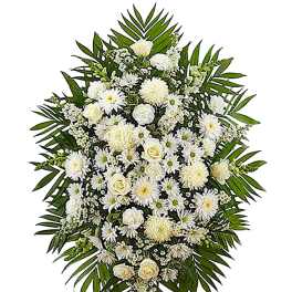 White funeral spray with daisies and roses on a standing easel