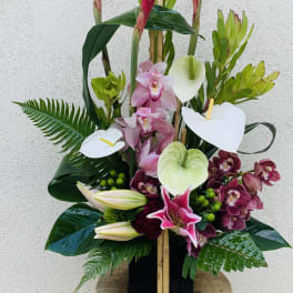 Tropical floral arrangement with pink orchids and white anthuriums in a black vase