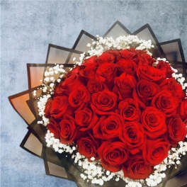 Bouquet of red roses with white baby's breath in dark wrapping