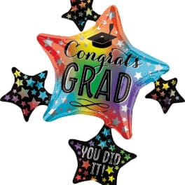 Graduation star balloons with rainbow colors and congratulatory text