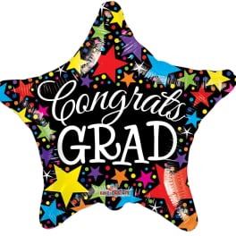 Star-shaped graduation balloon with colorful stars and "Congrats Grad" text