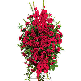 Tall red floral standing spray on an easel