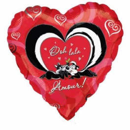 Heart-shaped red foil balloon with love text and black-and-white swirls