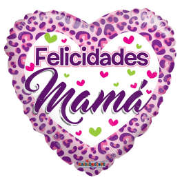 Heart-shaped balloon with "Felicidades Mamá" text and leopard print