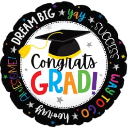 Round graduation balloon with a mortarboard and colorful congratulatory text