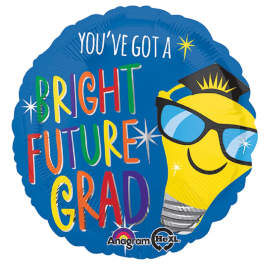 Blue graduation balloon with "You've Got a Bright Future Grad" text and a smiling lightbulb in sunglasses