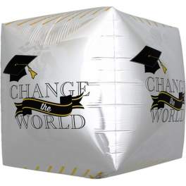 White graduation balloon with "Change the World" text