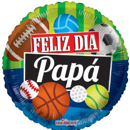 Round foil balloon with sports balls and "Feliz Dia Papá" text
