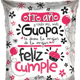 Silver balloon pillow with Spanish birthday message in pink and black