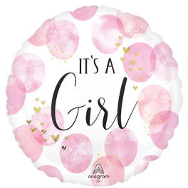 Round pink balloon with "It's a Girl" text and gold hearts
