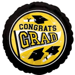Round black and yellow graduation balloon with "Congrats Grad" text