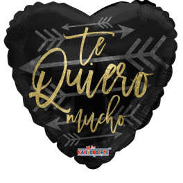 Black heart-shaped balloon with gold "Te Quiero mucho" text