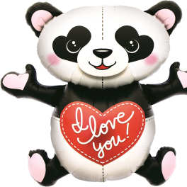Panda-shaped balloon holding a heart that says I love you