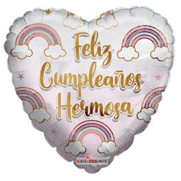 Heart-shaped balloon with rainbow graphics and "Feliz Cumpleaños Hermosa" text