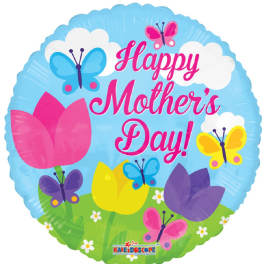 Round balloon with "Happy Mother's Day!" text, butterflies, and tulips