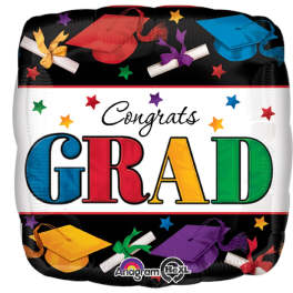Graduation balloon with colorful caps and "Congrats Grad" text