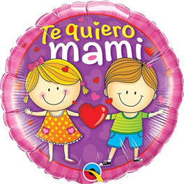 Round pink balloon with cartoon children and "Te quiero mami" text