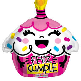 Cupcake-shaped birthday balloon with "Feliz Cumple" text