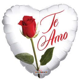 Heart-shaped balloon with a red rose and the words "Te Amo"