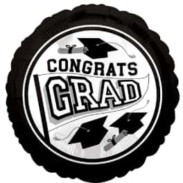 Black round graduation balloon with "Congrats Grad" text