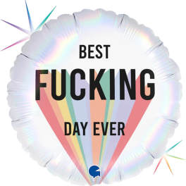 Round foil balloon with rainbow text and bold lettering