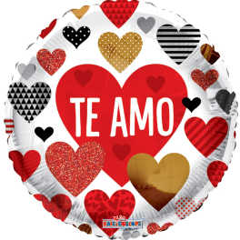 Round heart-shaped foil balloon with "TE AMO" text and red heart patterns