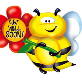 Cartoon bee holding a flower-shaped get well soon sign