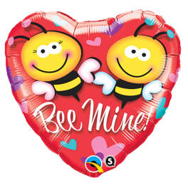 Heart-shaped red balloon with two cartoon bees and "Bee Mine!" text