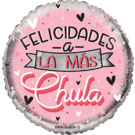 Pink round foil balloon with Spanish text and heart decorations